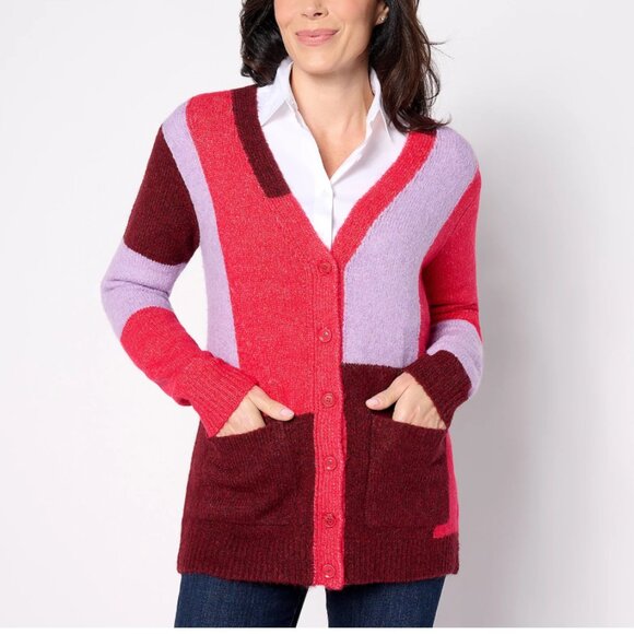 LOGO by Lori Goldstein Button Front Colorblock Cardigan Sweater Size 3X Cozy - Picture 1 of 5
